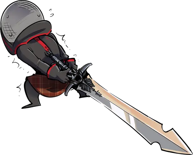 Swordie, la mascotte di Sword Academy, alle prese con la spada a due mani