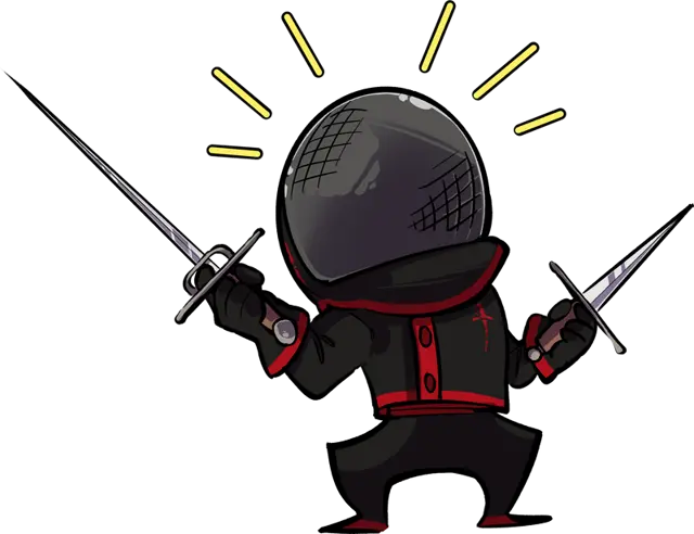 Swordie, la mascotte di Sword Academy, in guardia con spada e pugnale